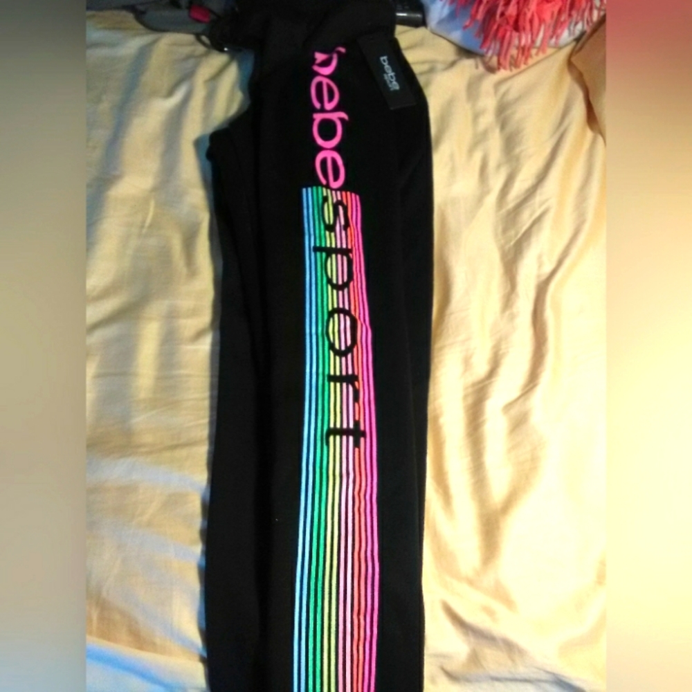 BNWT BEBE JOGGERS STRIPED LOGO MULTI COLORS BLACK SZ. SM STRIPE DOWN ONE SIDE